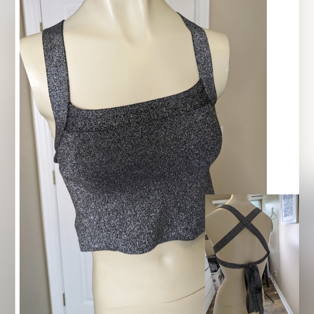Aritzia Wilfred metallic cropped shirt silver